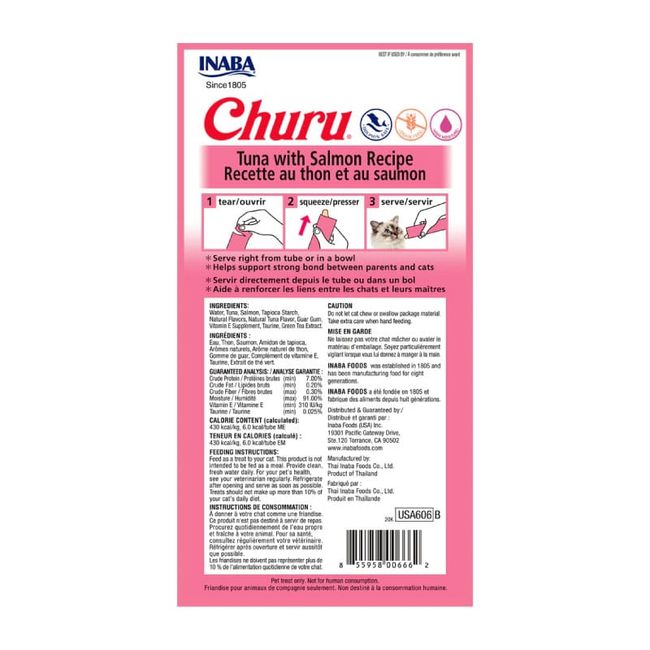 INABA - Snack Inaba Churu Gato Sabor Atún y Salmon, 4 Tubos