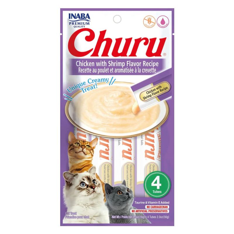 INABA - Inaba Churu Snack Gato Sabor Pollo y Camaron, 4 Tubos