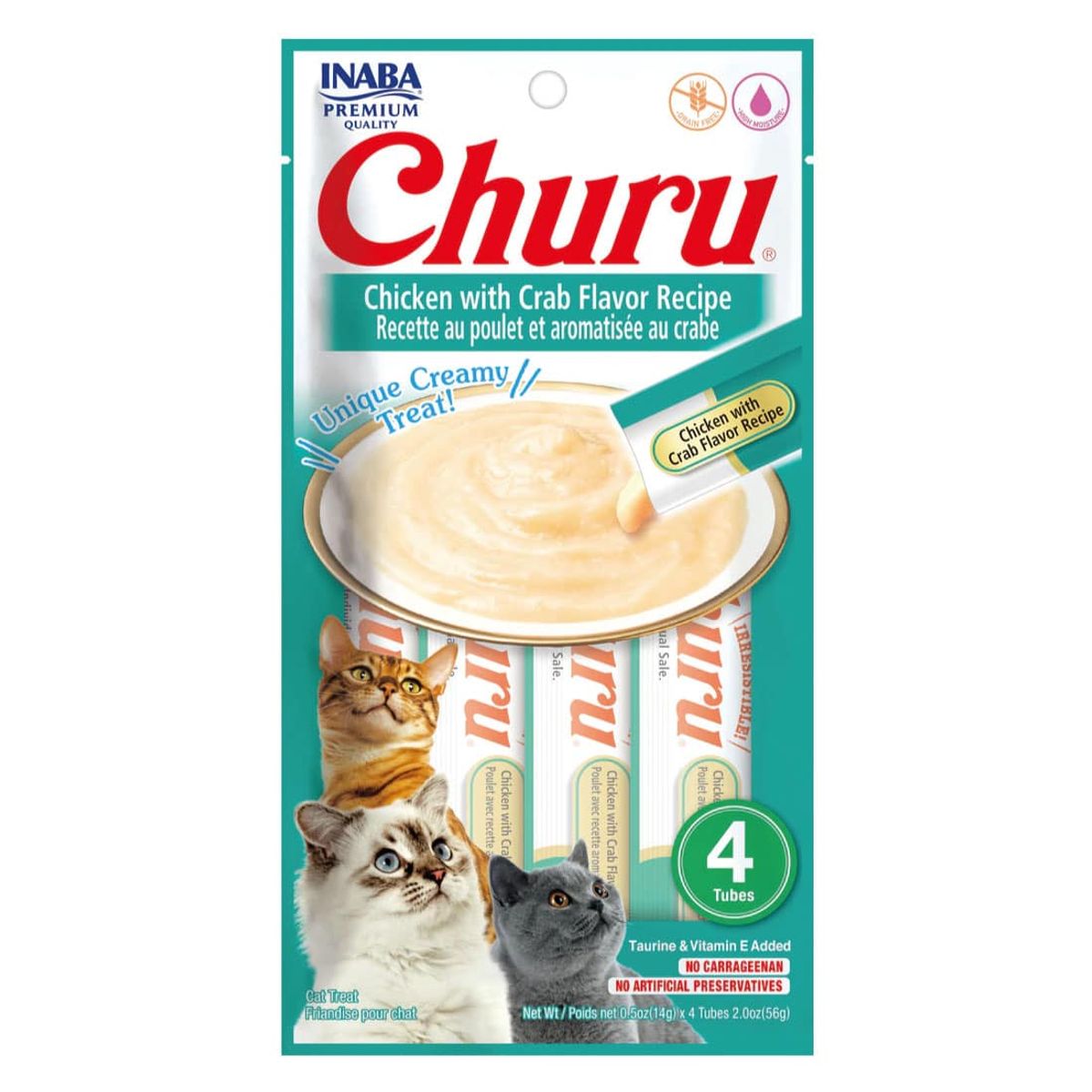 INABA - Snack Inaba Churu Gato Sabor Pollo y Cangrejo, 4 Tubos