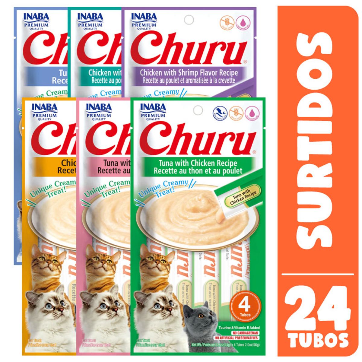INABA - Snack Inaba Churu Gato Surtidos, Pack x 6 Sobres (24u)