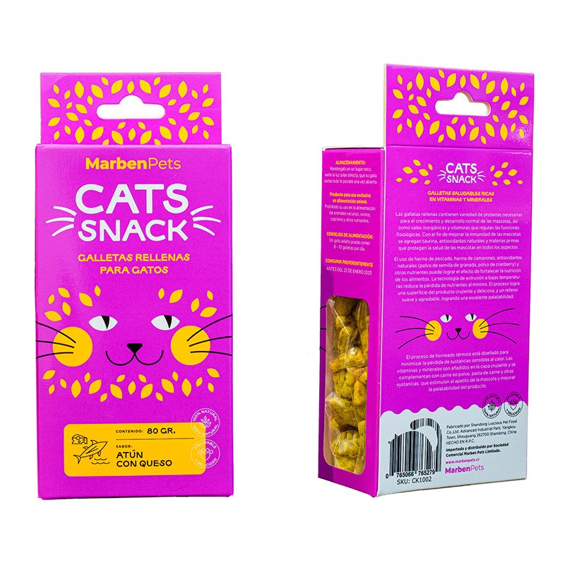 MARBEN PETS - Cats Snack Galletas Gato Rellenas Sabor Atun y Queso , 80gr