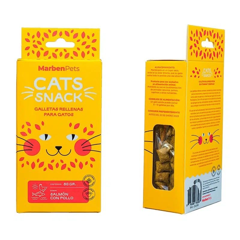MARBEN PETS - Cats Snack Galletas Gato Rellenas Sabor Salmon y Pollo, 80gr