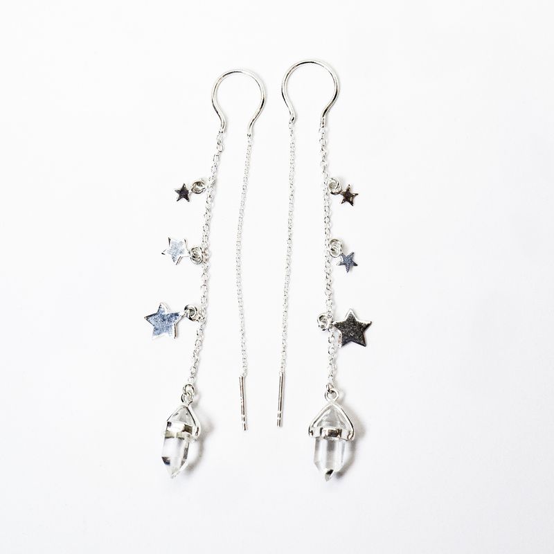 GENERICO - Aros Mujer Cadena Estrellas Cuarzo Transparente o Hialino Plata