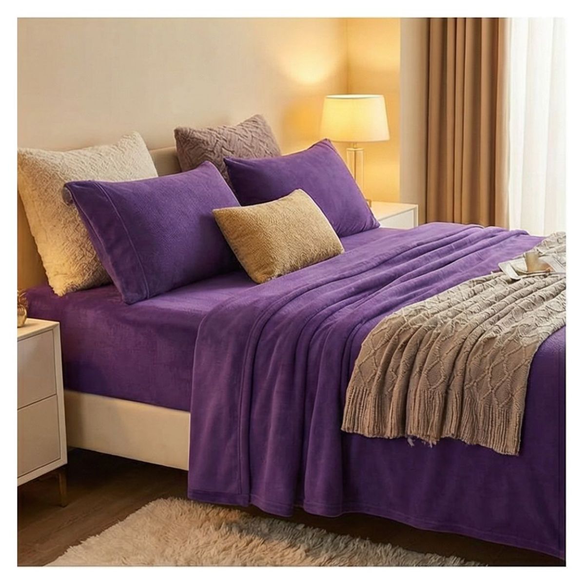 GENERICO - Juego de Sábanas Polar Unicolor 2 Plazas - Morado