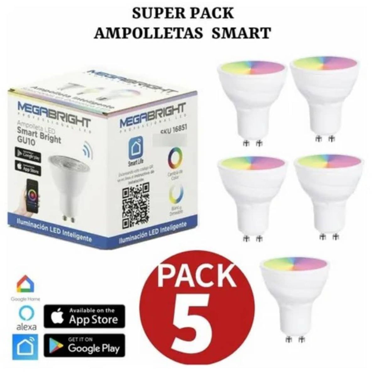 MEGABRIGHT - Ampolleta Smart Gu10 Wifi Rgb Control Desde Celular. Pack 5