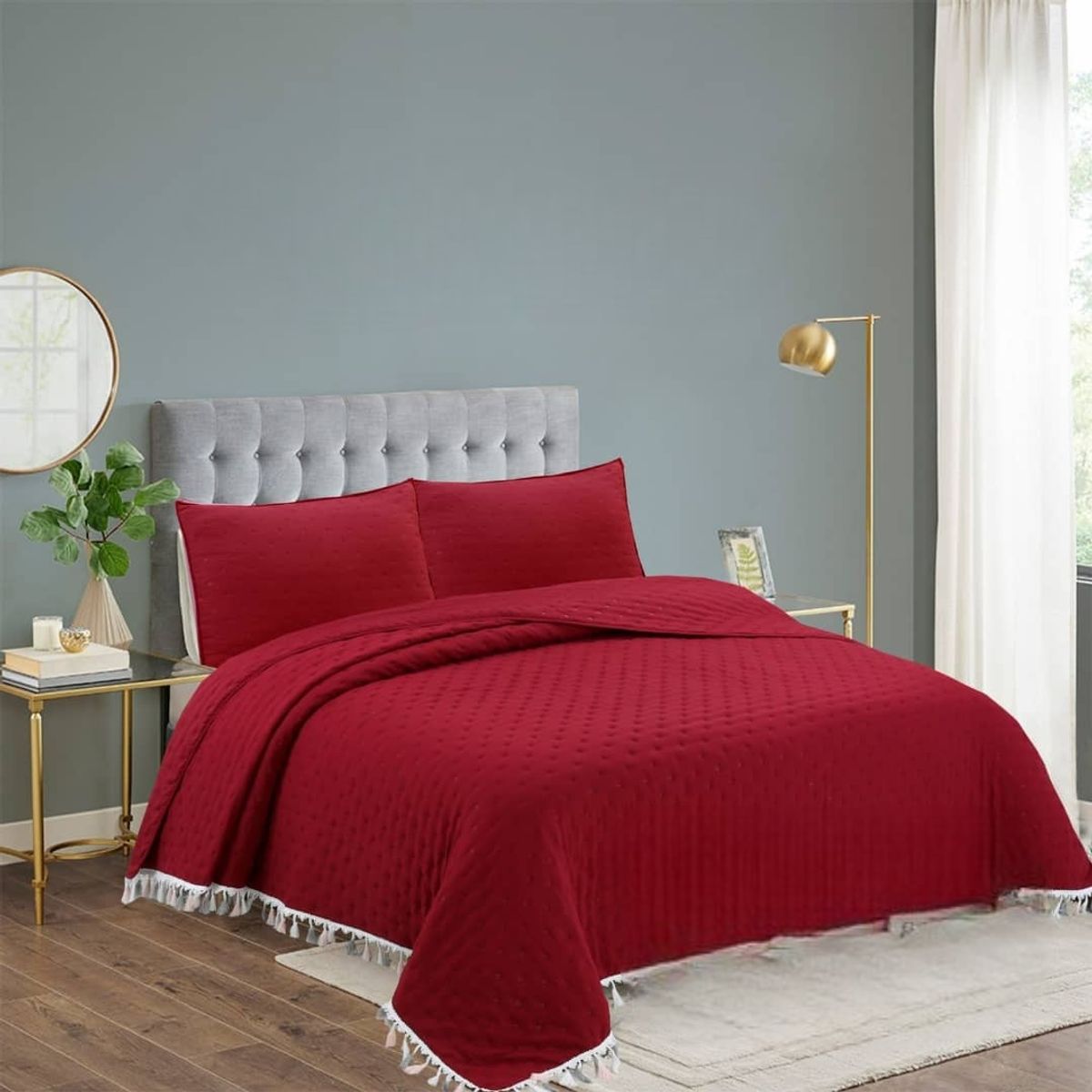 GENERICO - Cubrecama de Algodon 2 plazas Burdeo flecos.