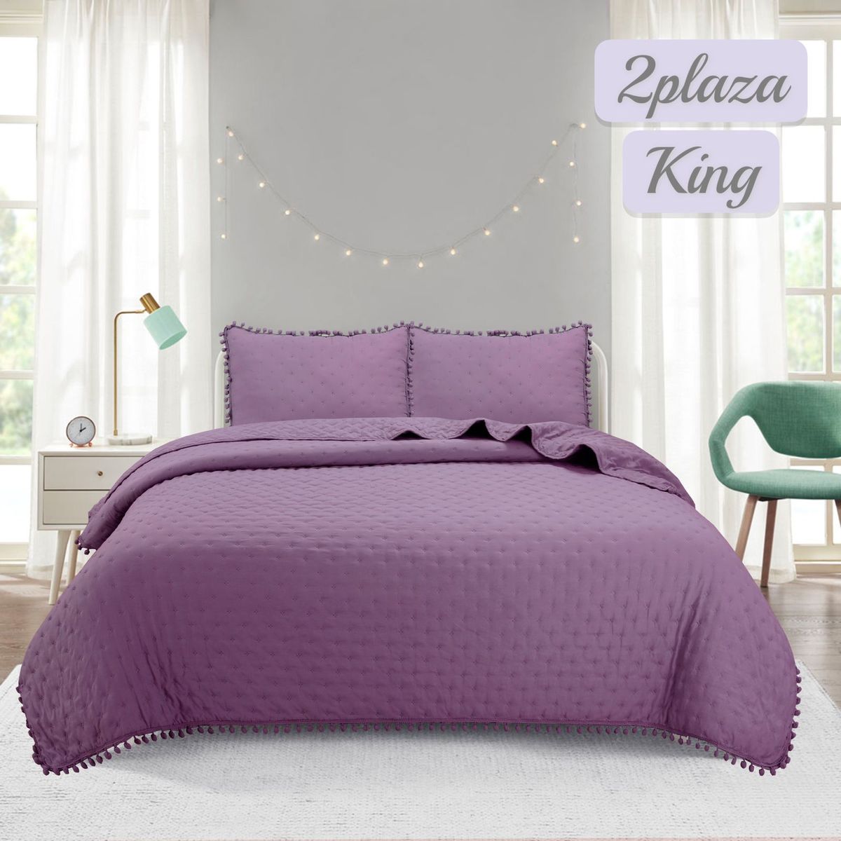 GENERICO - Cubrecama de Algodon King Morado pompon.