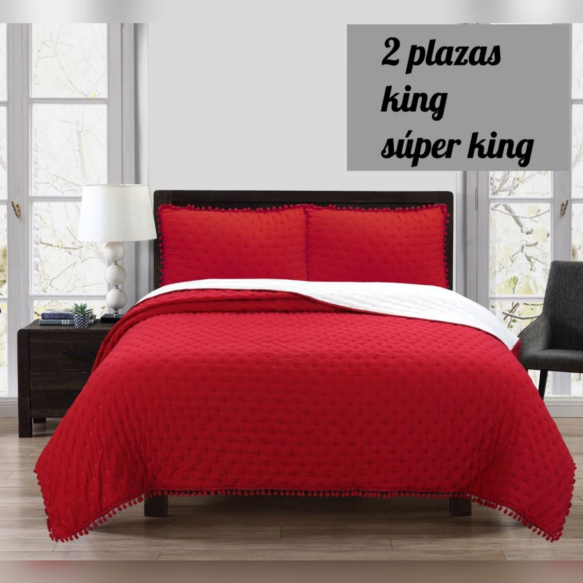 GENERICO - Cubrecama de Algodon King Rojo pompon.