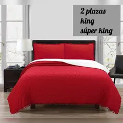 GENERICO - Cubrecama de Algodon King Rojo pompon