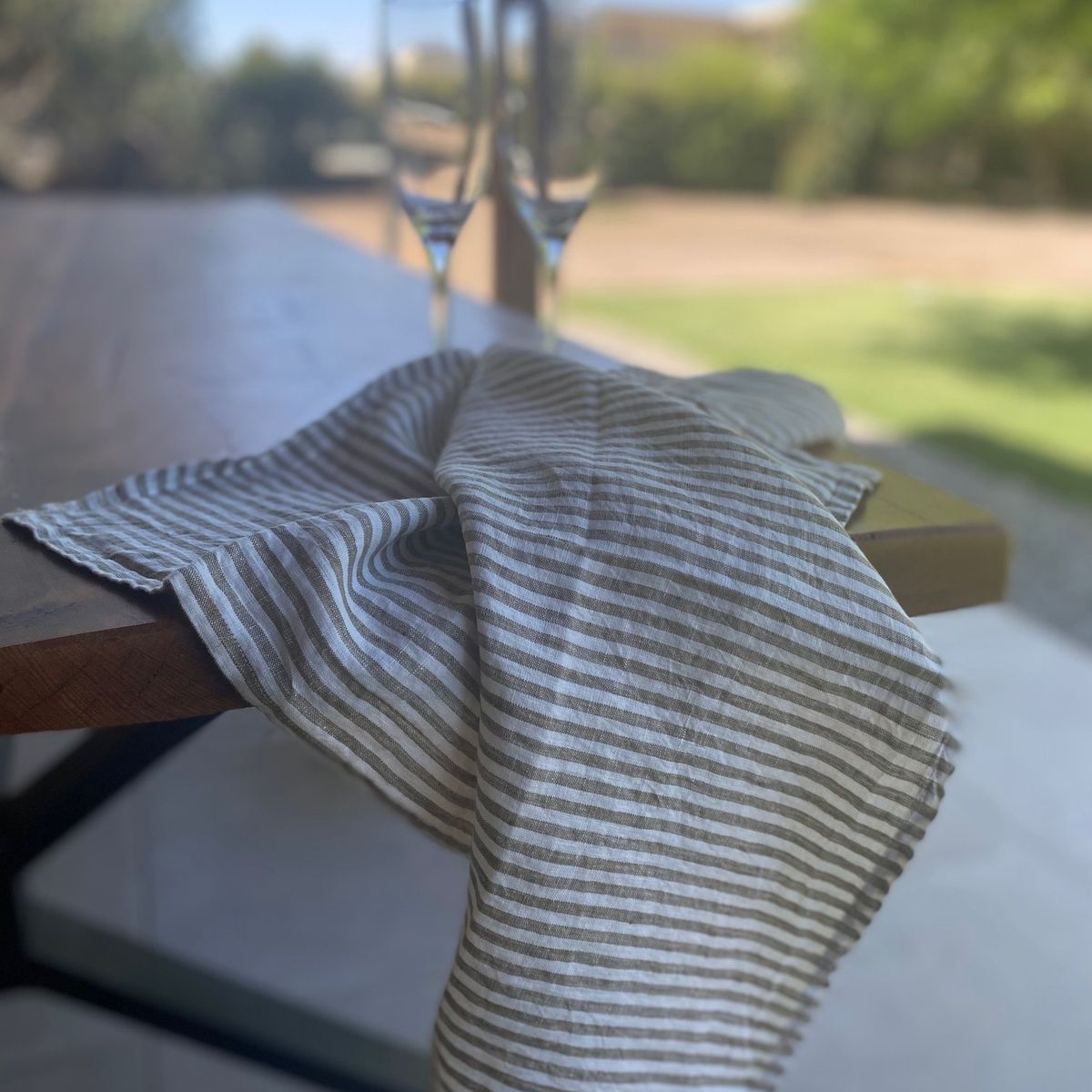 PUROLINO - Paño De Cocina de Lino Verde Olivo a Rayas