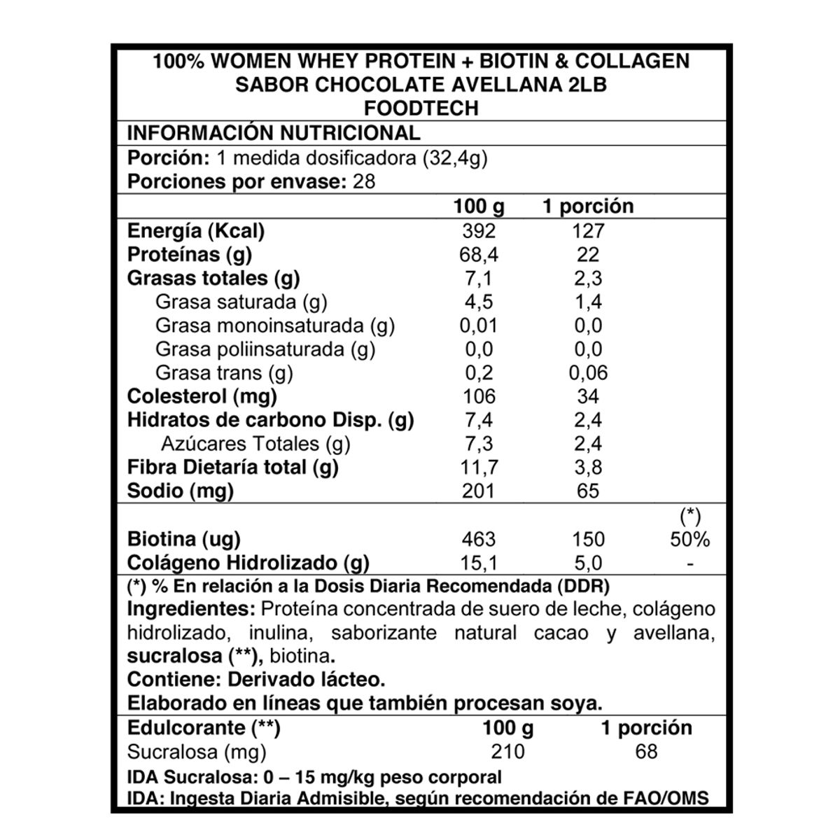 FOODTECH - 100 Women Whey 2lbs - Chocolate Avellana  Shaker Women