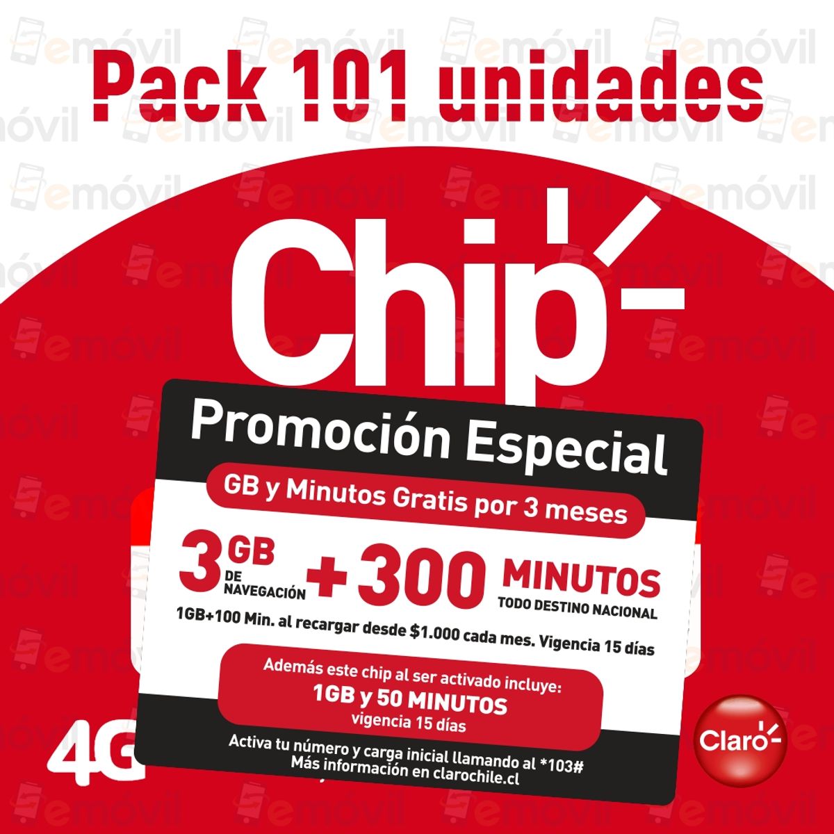 CLARO - Pack 101 chip claro con 3gb + 300 minutos