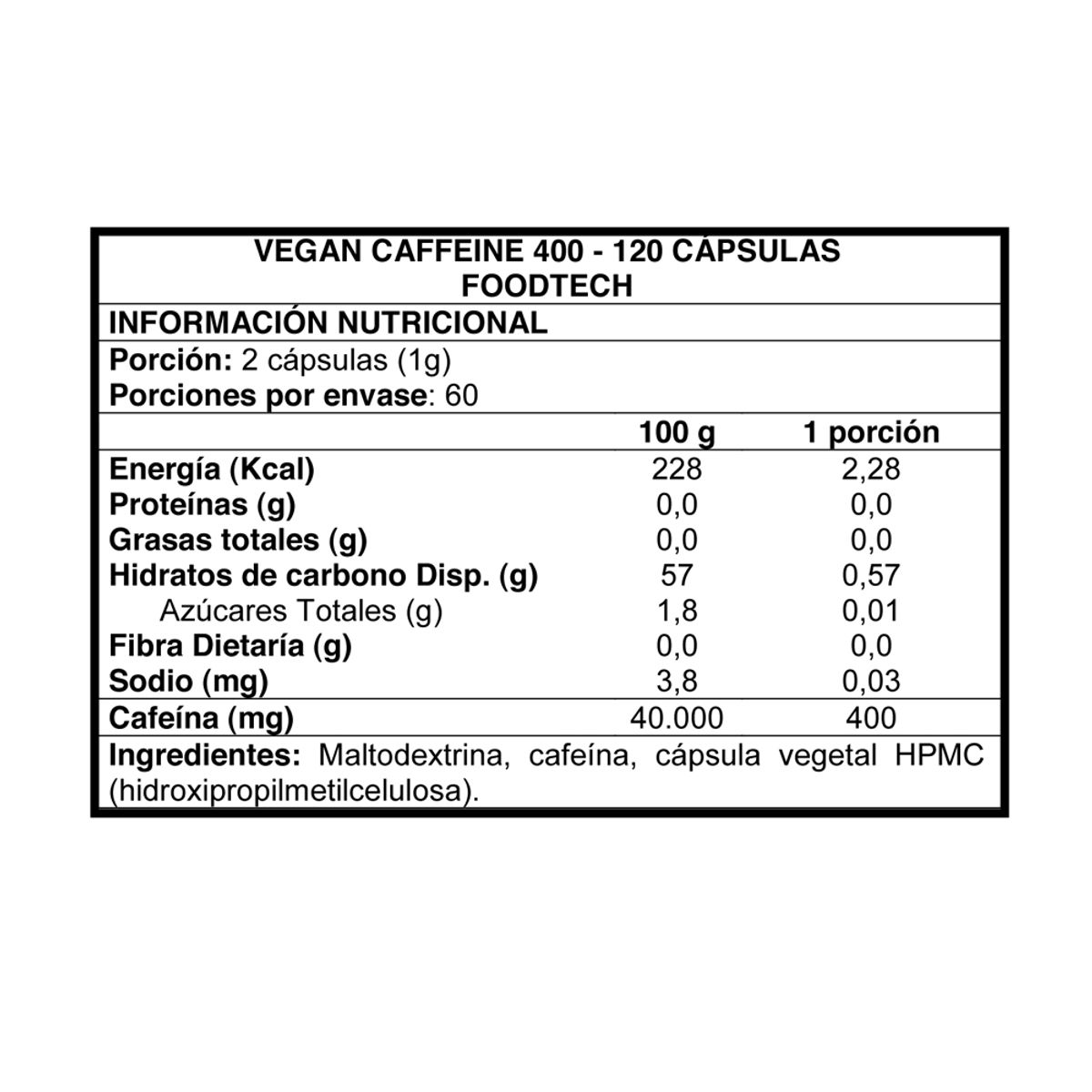 FOODTECH - Vegan Caffeine 400 120 caps - Foodtech