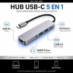GTC - Adaptador Hub Usb-C Multipuertos 5 En 1 (Hdmi, Jack, Usb, Usb C)