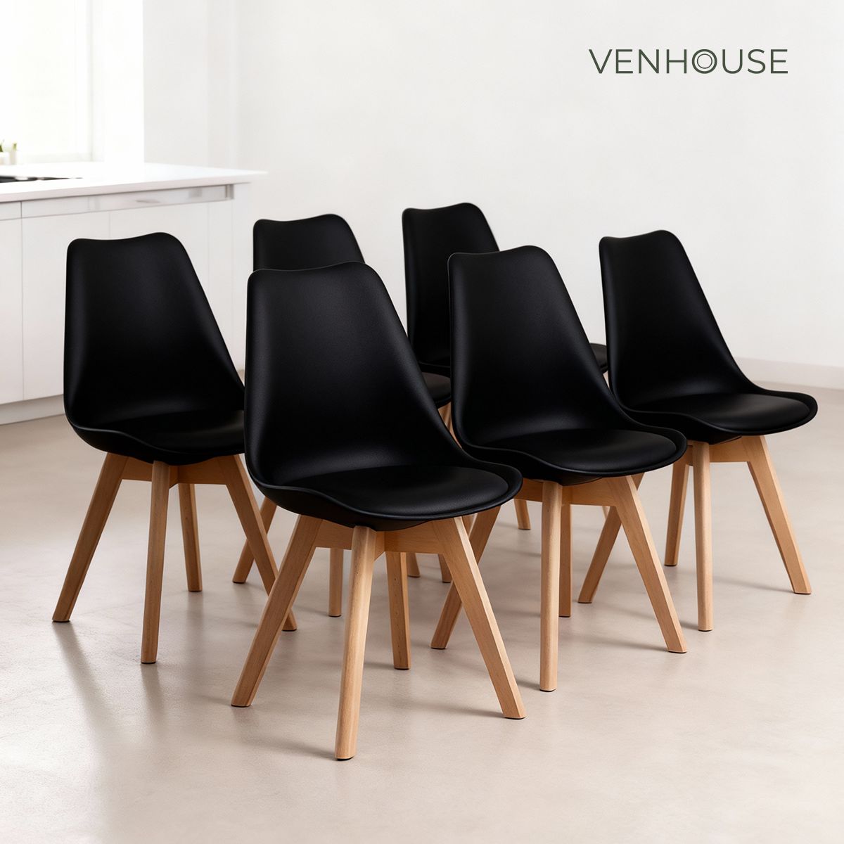 VENHOOUSE - Pack 6 Sillas Tulip Acolchadas Negra