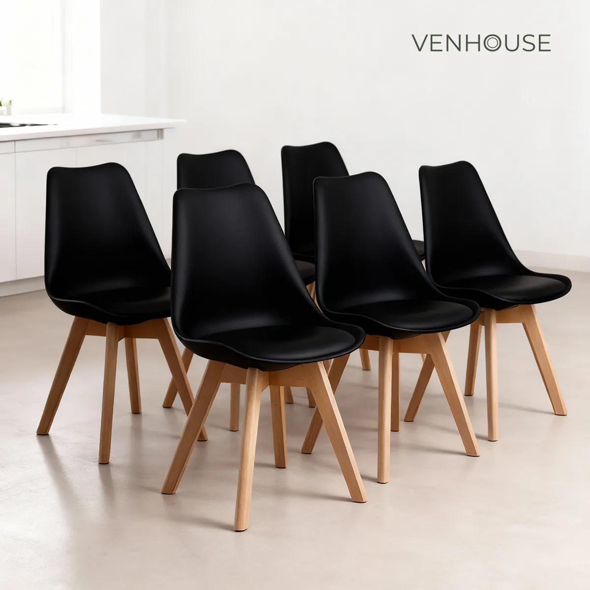 VENHOOUSE - Pack 6 Sillas Tulip Acolchadas Negra