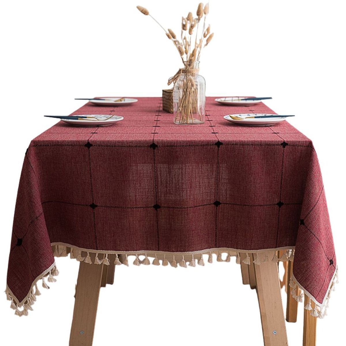 BOHEMIK - Mantel Rectangular Burdeo Bordado lino 140 cm x 220 cm