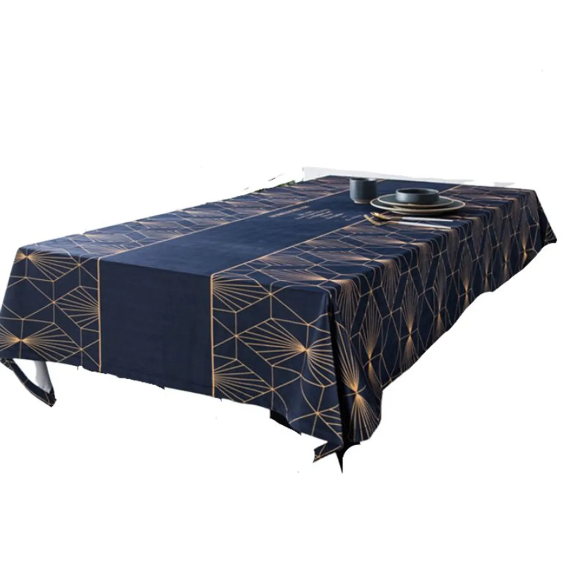 BOHEMIK - Mantel Rectangular Azul Con Vivos Dorados lino de 140 cm x 200 cm