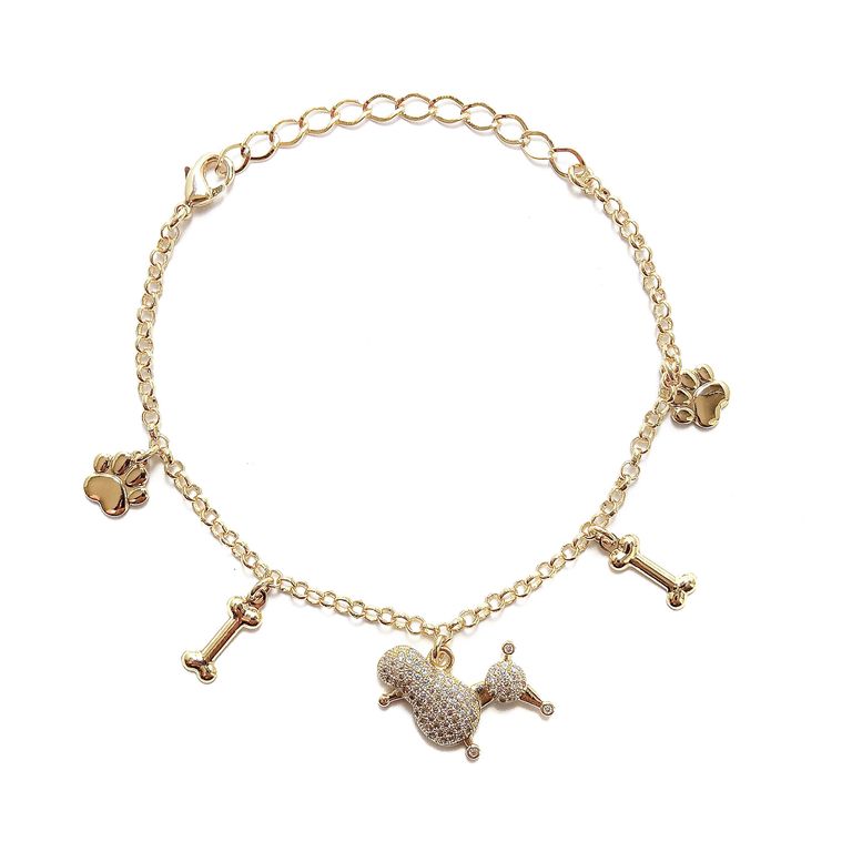 Pulsera Poodle Huesos Huellas Enchapada Oro 18K Dorado TALLA UNICA