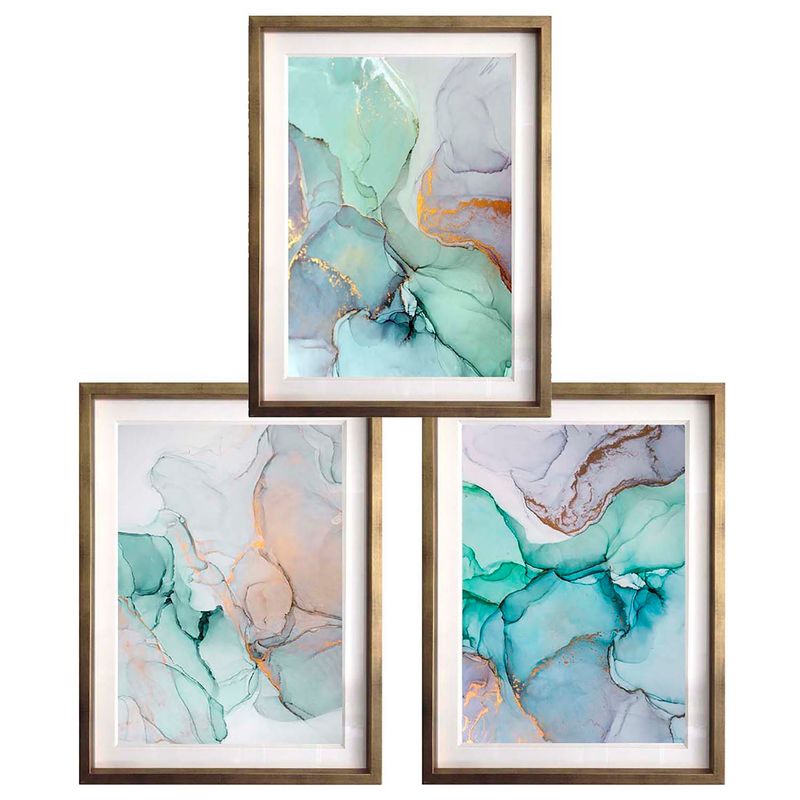 PAPEL ILUSTRADO - Set 3 Abstracto Turquesa 40X50 Marco Dorado