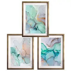 PAPEL ILUSTRADO - Set 3 Abstracto Turquesa 40X50 Marco Dorado
