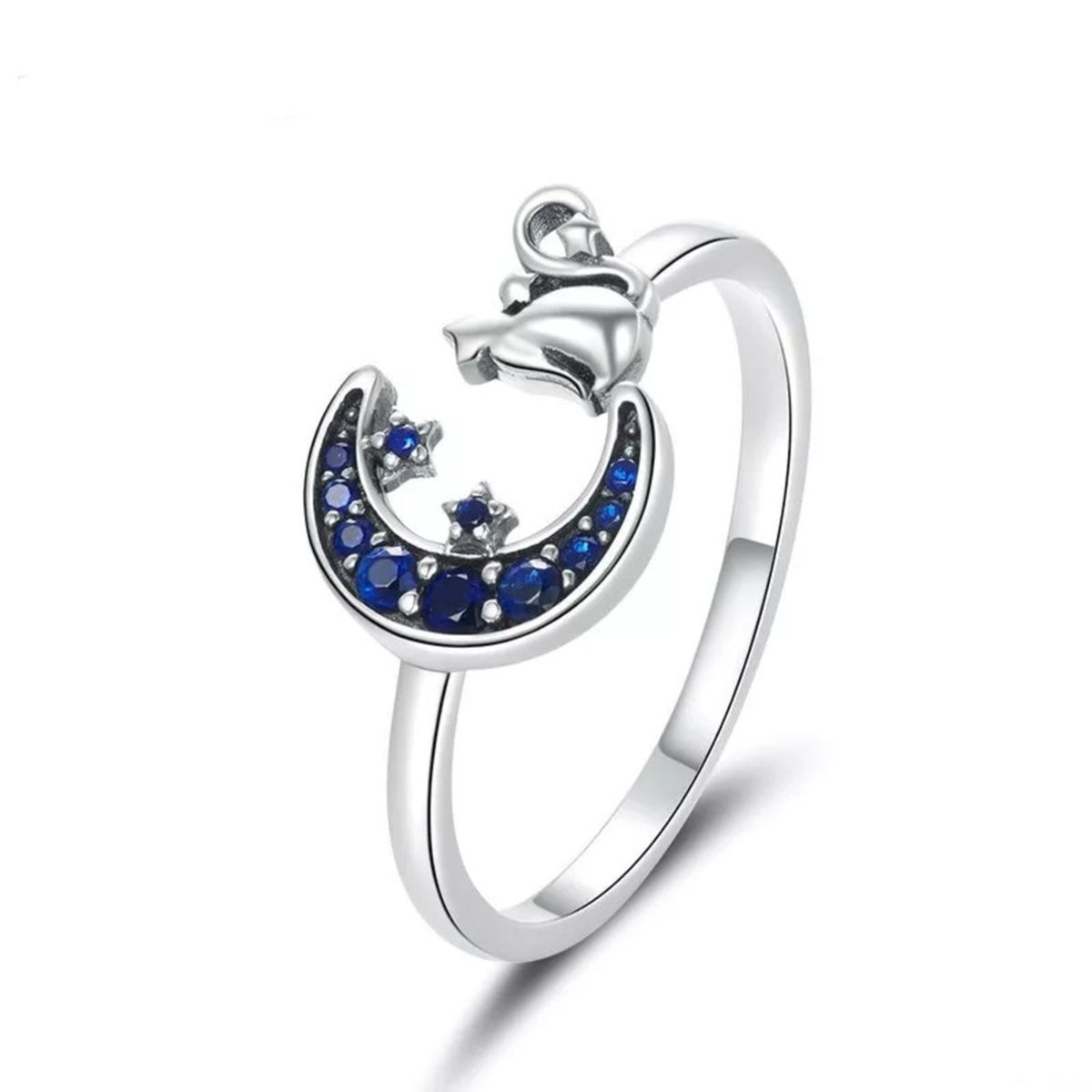 GENERICO - Anillo gato luna azul plata 925 ajustable mujer joya