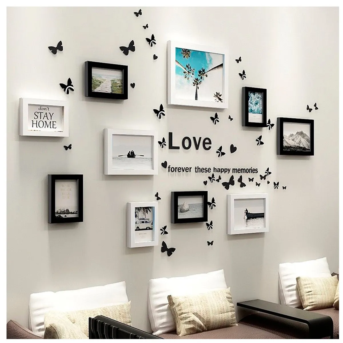 ESHOPANGIE - Set Marcos Foto Decorativo Pared 10 Piezas + Pegatinas Negro- Blanco