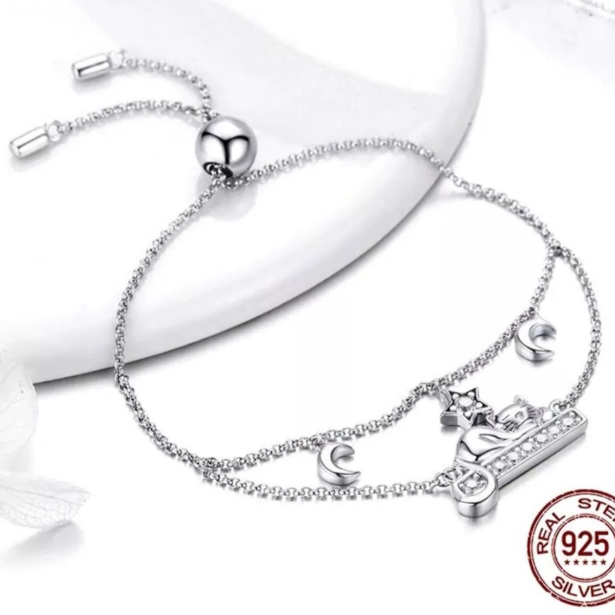GENERICO - Pulsera gato mascota luna estrellas plata 925 mujer regalo