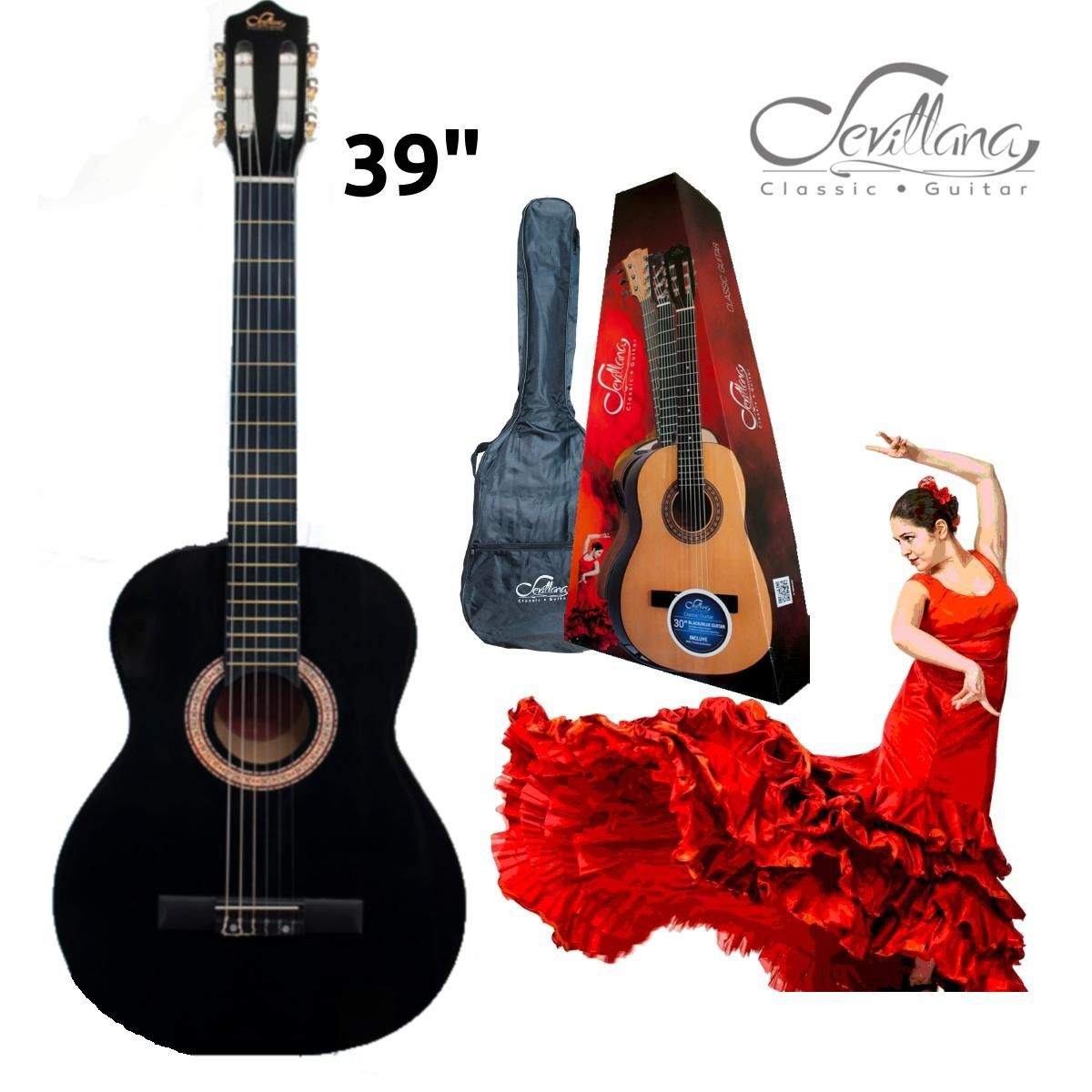 SEVILLANA - Guitarra Sevillana Negra 39 Pulgadas Con Alma Y Funda.