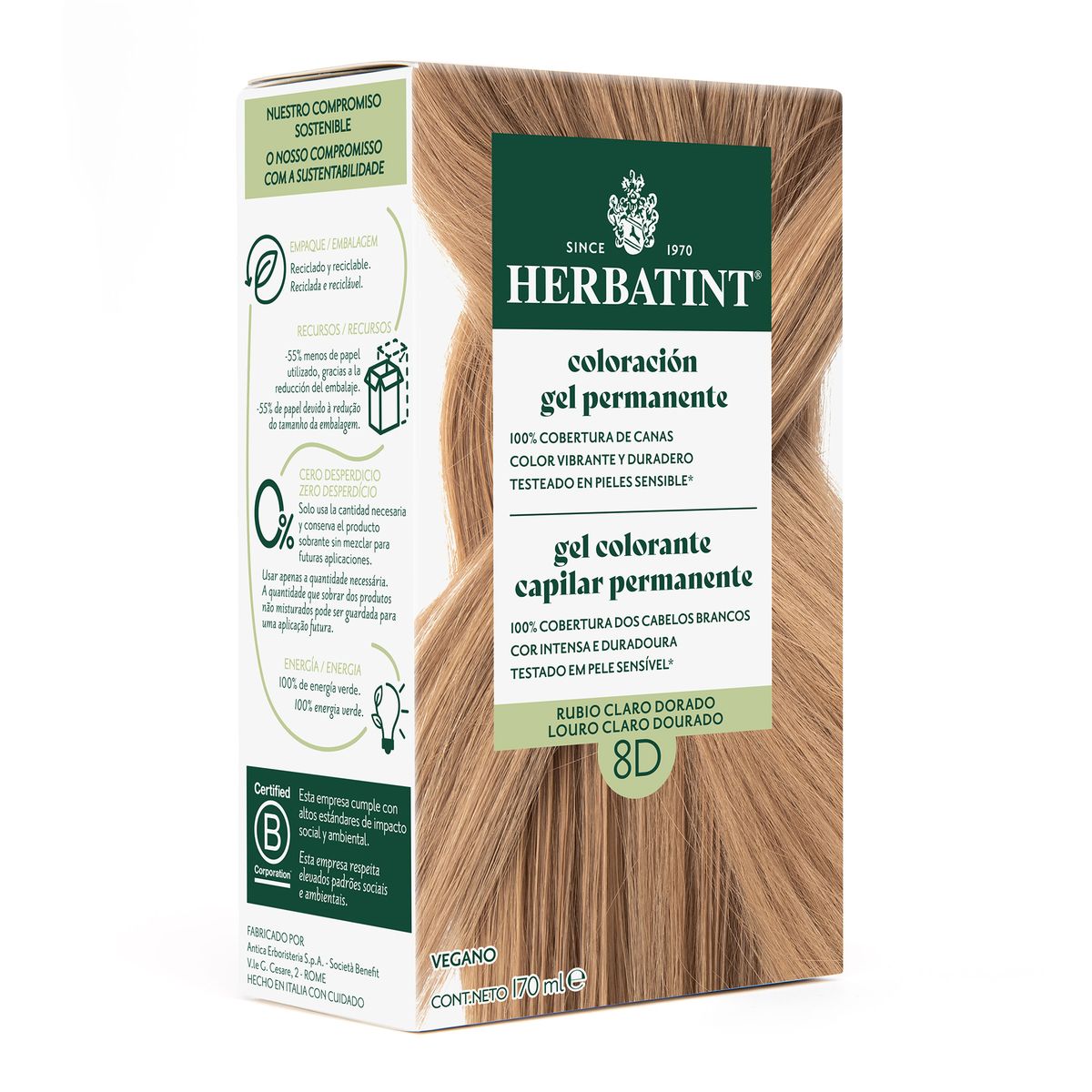 HERBATINT - 8D Rubio Claro Dorado - Tintura Permanente Natural