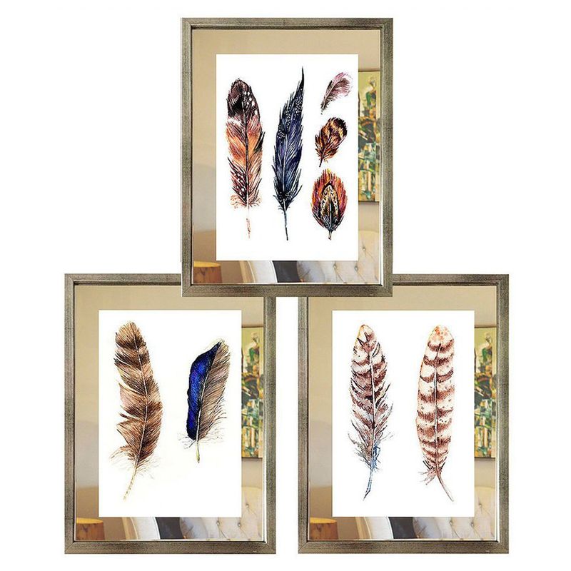 PAPEL ILUSTRADO - Set 3 Cuadros Plateado Plumas Étnicas Espejo 40X50