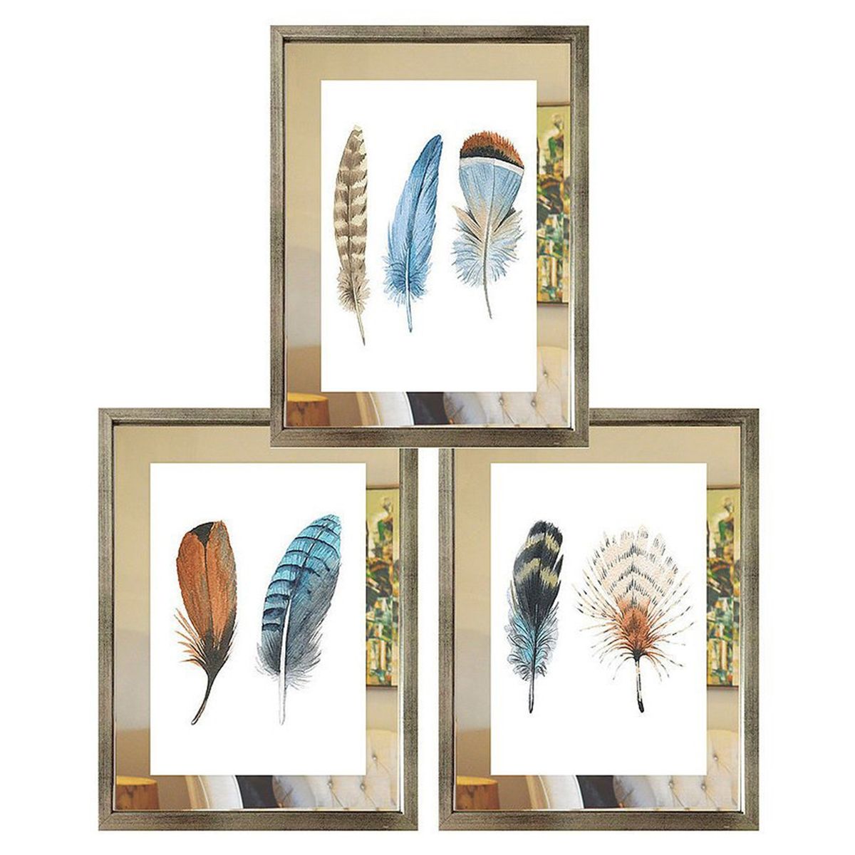 PAPEL ILUSTRADO - Set 3 Cuadros Plateado Plumas Espejo 40X50