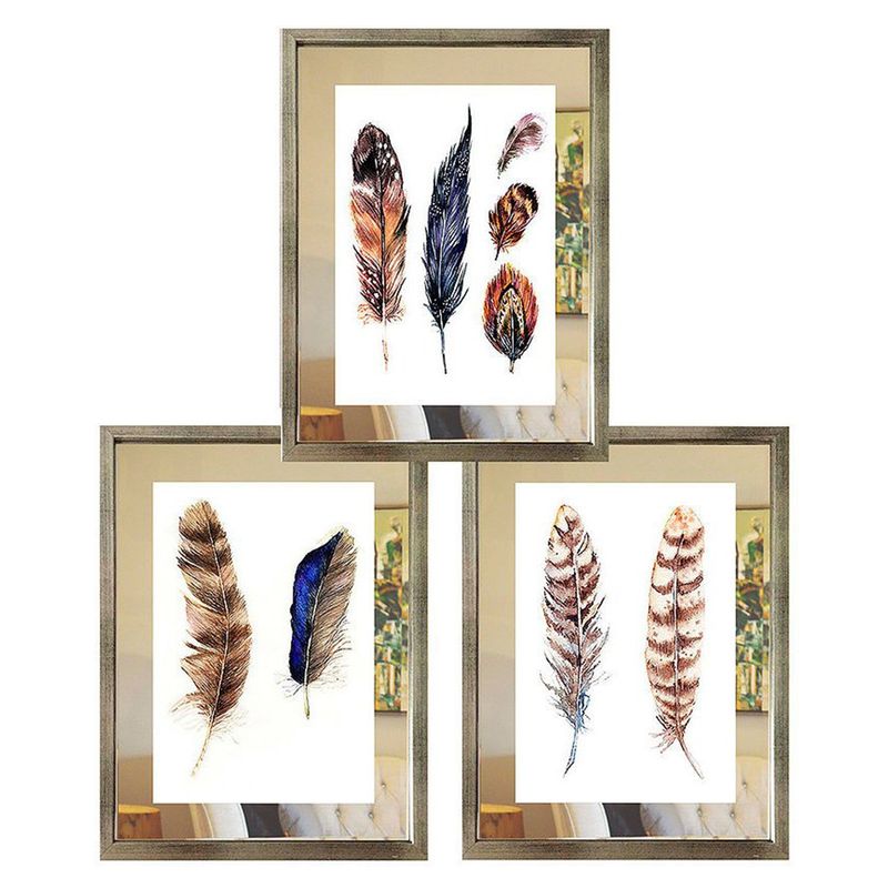 PAPEL ILUSTRADO - Set 3 Cuadros Plateado Plumas Étnicas Espejo 30X40
