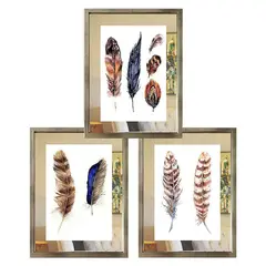 PAPEL ILUSTRADO - Set 3 Cuadros Plateado Plumas Étnicas Espejo 30X40