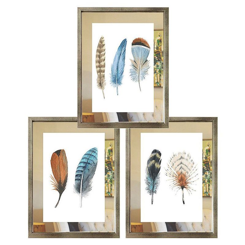 PAPEL ILUSTRADO - Set 3 Cuadros Plateado Plumas Espejo 30X40