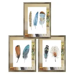 PAPEL ILUSTRADO - Set 3 Cuadros Plateado Plumas Espejo 30X40