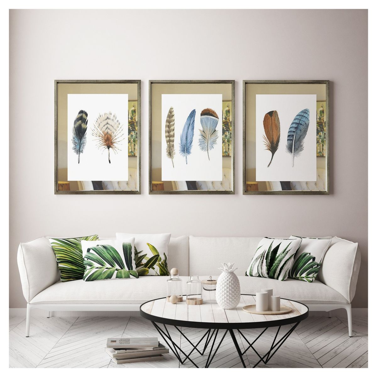 PAPEL ILUSTRADO - Set 3 Cuadros Plateado Plumas Espejo 30X40