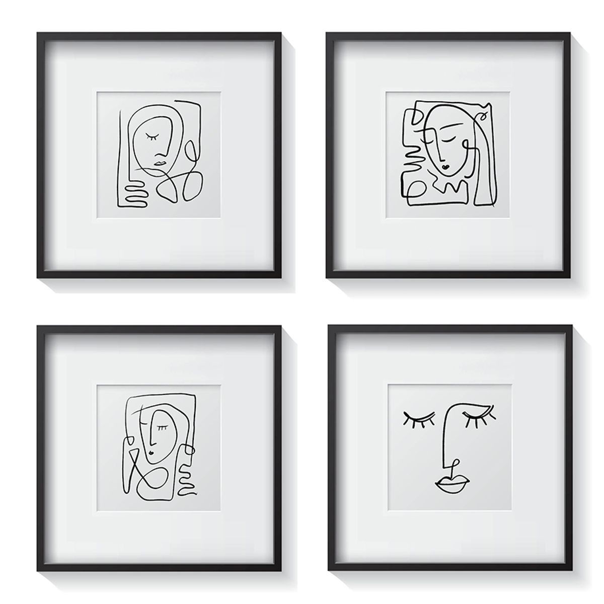 PAPEL ILUSTRADO - Set 4 Cuadros Retratos Minimalistas 40X40 Negro