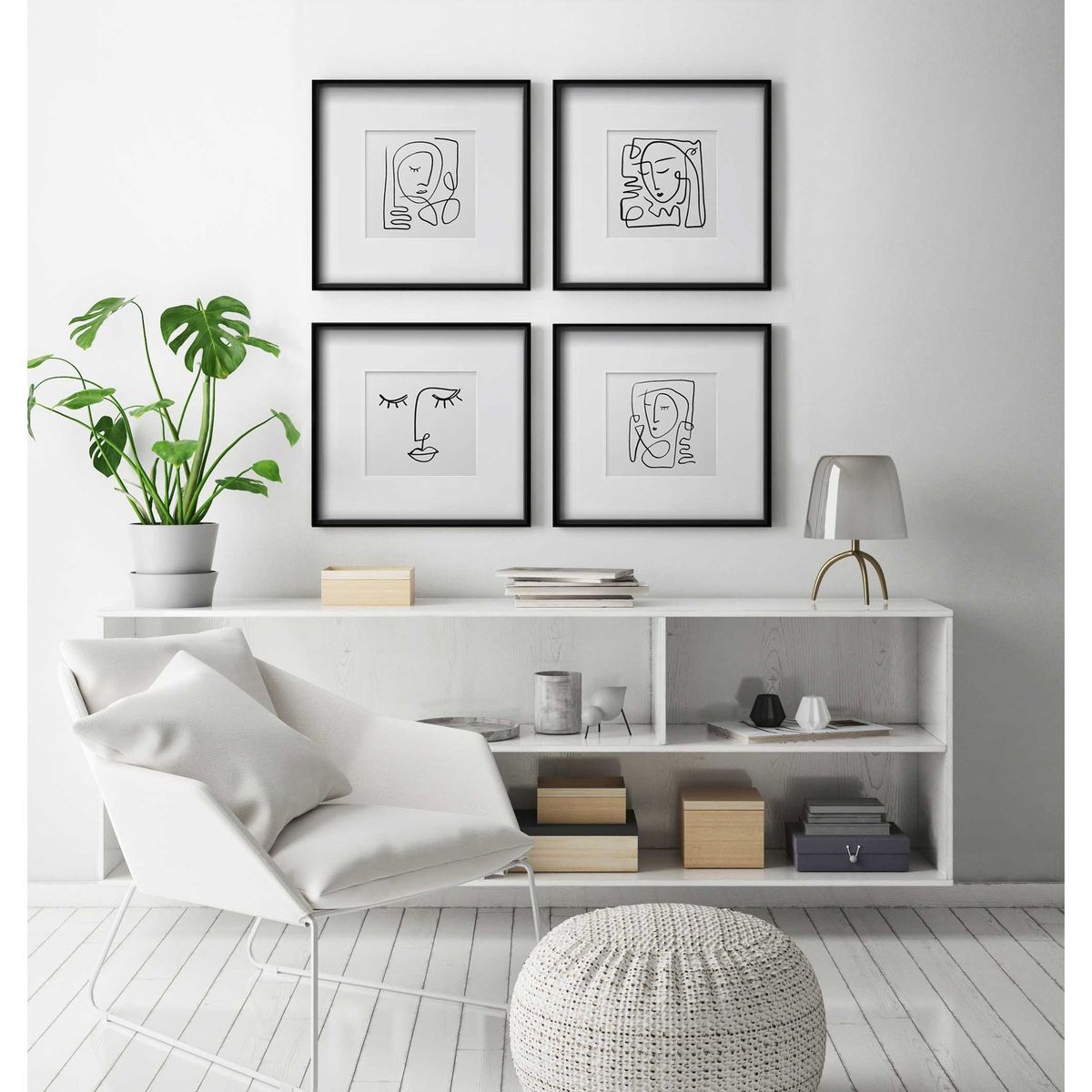 PAPEL ILUSTRADO - Set 4 Cuadros Retratos Minimalistas 40X40 Negro