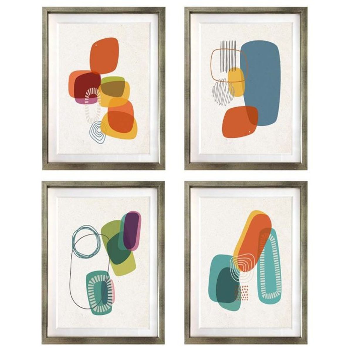 PAPEL ILUSTRADO - Set 4 Cuadros Mid Century 40X50 Marco Plateado
