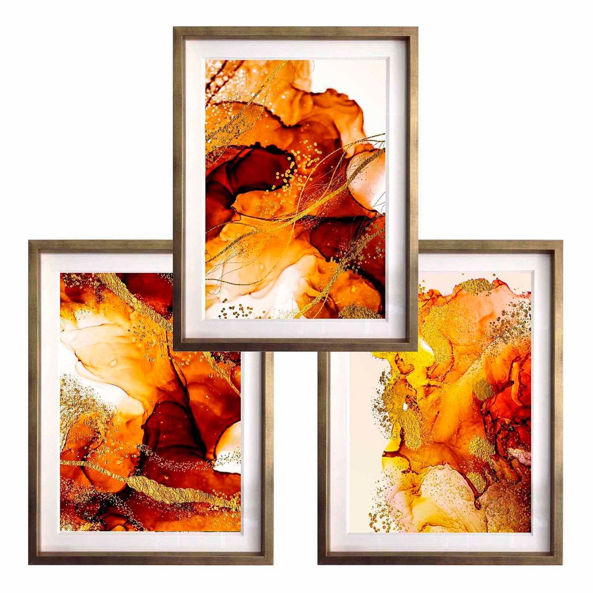 PAPEL ILUSTRADO - Set 3 Abstracto Rojo Y Naranjo 50X70 Marco Oro