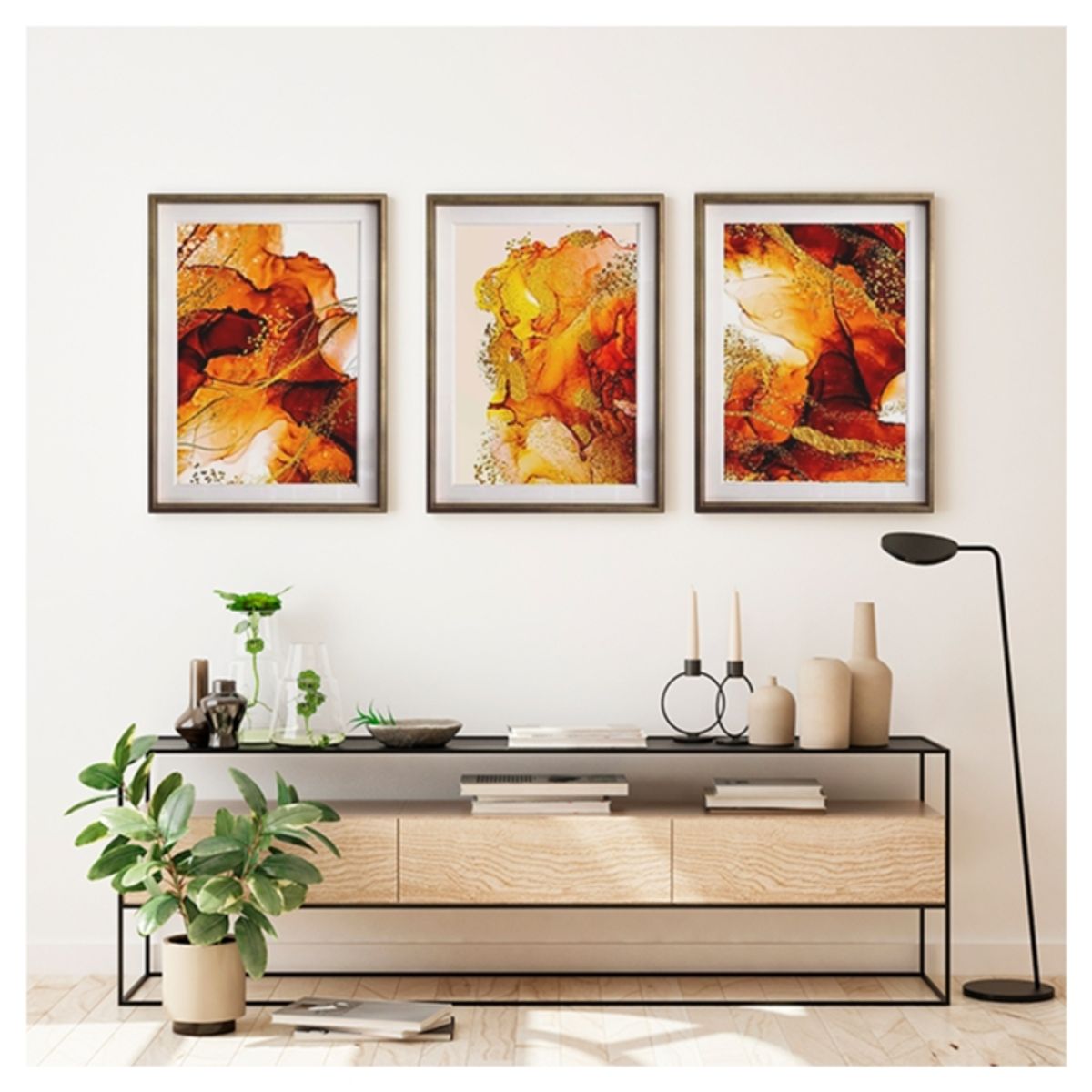 PAPEL ILUSTRADO - Set 3 Abstracto Rojo Y Naranjo 50X70 Marco Oro