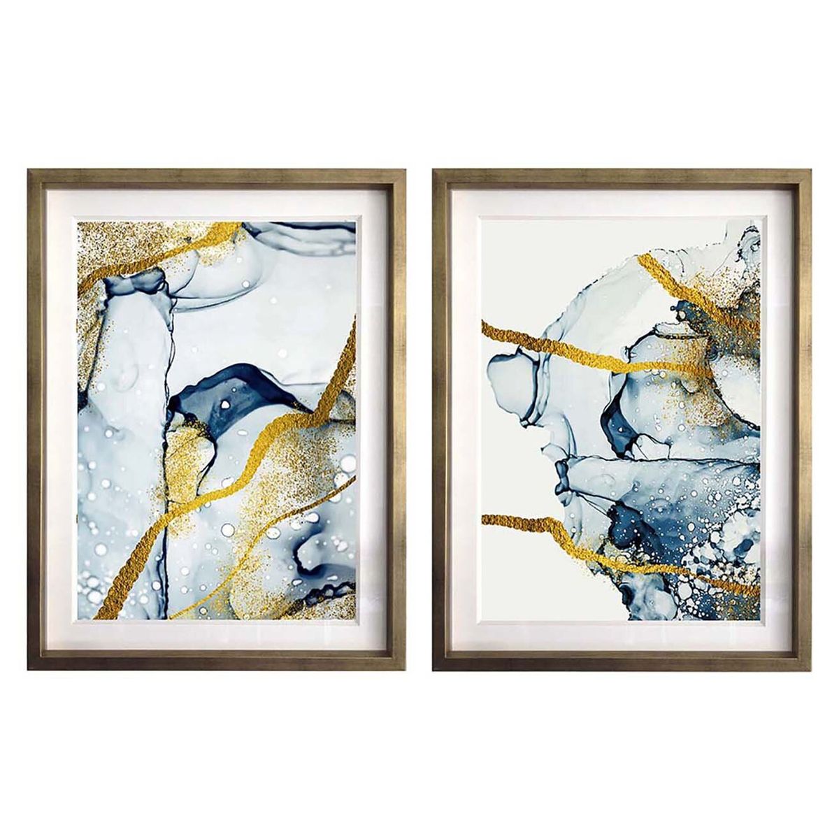 PAPEL ILUSTRADO - Set 2 Abstractos En Azul Y Oro 50X70 Marco Dorado