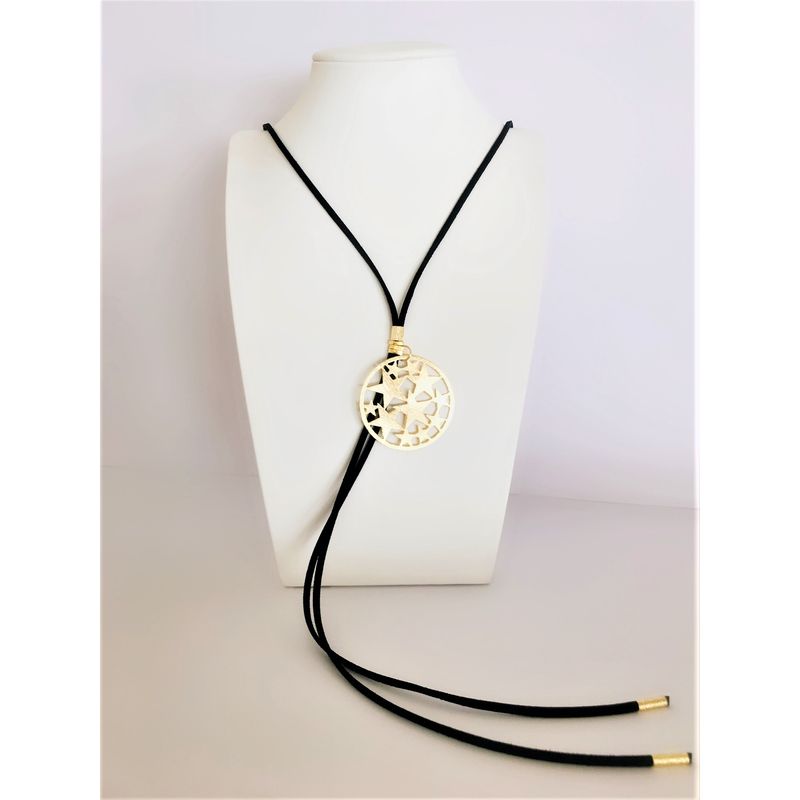 GAB JOYAS - COLLAR GAMUZA NEGRA COLGANTE ESTRELLAS CALADAS BAÑO ORO AMARILLO