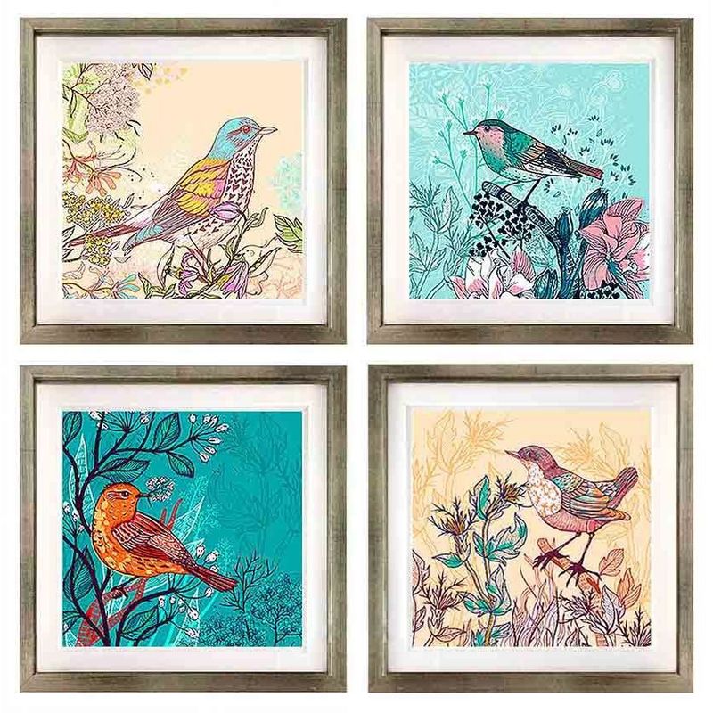 PAPEL ILUSTRADO - Set 4 Cuadros Plateado Pajaros Vintage 30X30