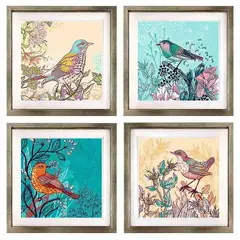 PAPEL ILUSTRADO - Set 4 Cuadros Plateado Pajaros Vintage 40X40