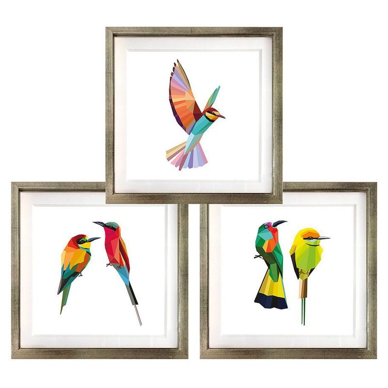 PAPEL ILUSTRADO - Set 3 Cuadros Plateado Pajaros Geométricos 30X30