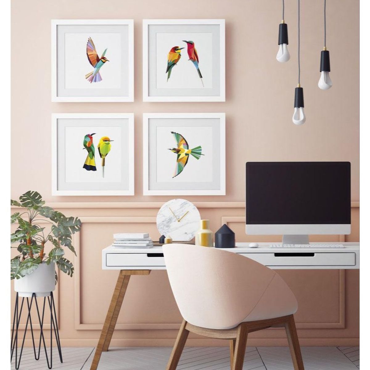 PAPEL ILUSTRADO - Set 3 Cuadros Plateado Pajaros Geométricos 30X30