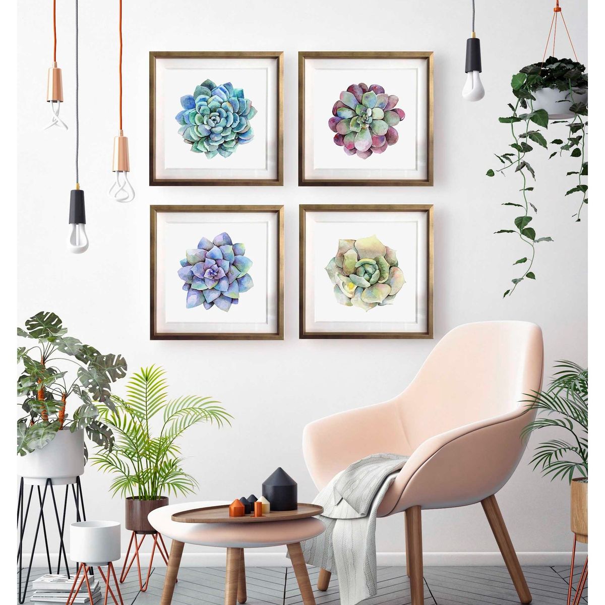 PAPEL ILUSTRADO - Set 3 Cuadros Dorado Suculentas 40X40