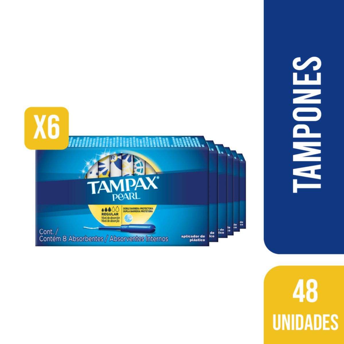 TAMPAX - Pack 6 Tampones Tampax Pearl Flujo Regular 8 Unidades